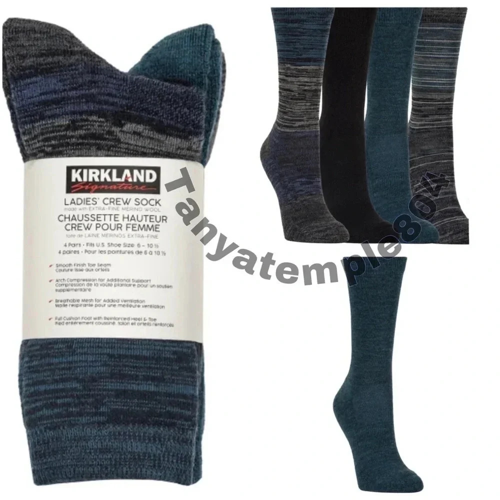 Kirkland Signature Ladies' Extra-Fine Merino Wool Blend Crew Sock, 4-pair